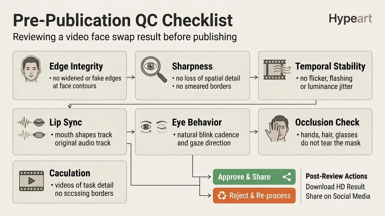 Flowchart detailing quality control criteria for verifying video face swap results before publishing