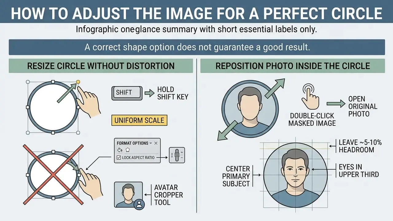 Infographic showing how to resize a circle and reposition a photo inside it using keyboard shortcuts