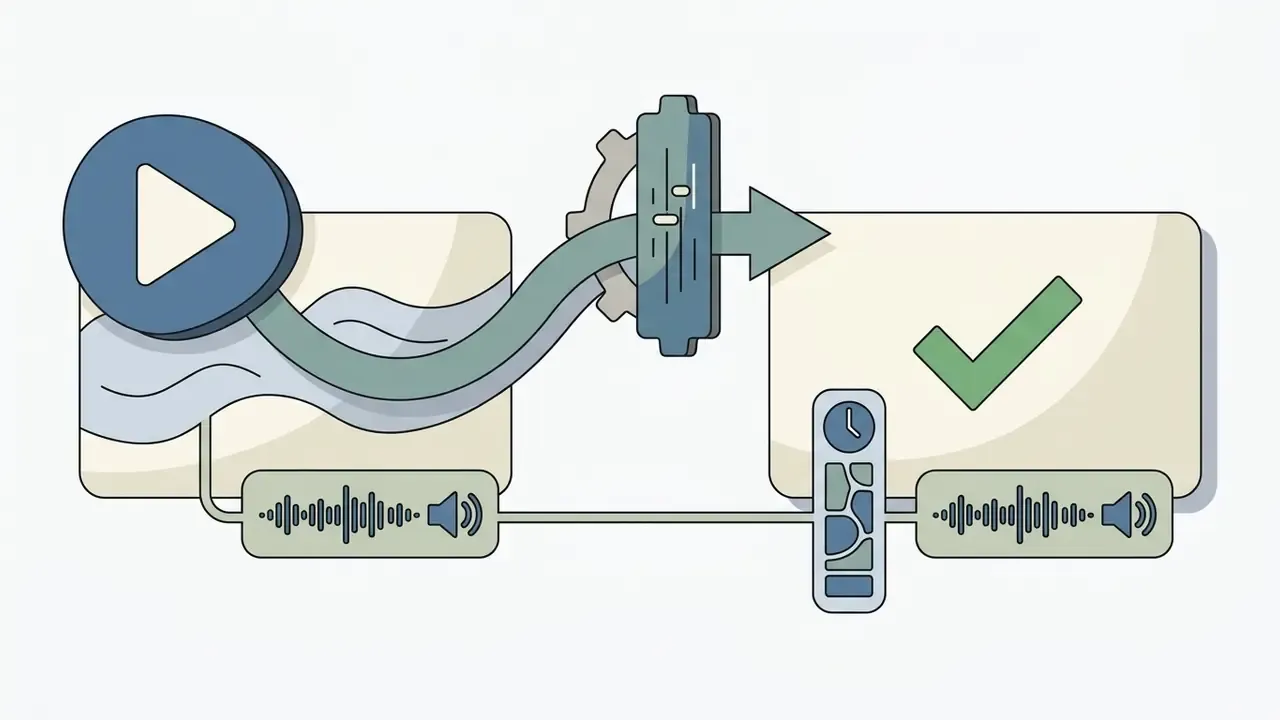 Video clip with audio being processed through a control panel into a final version with a checkmark
