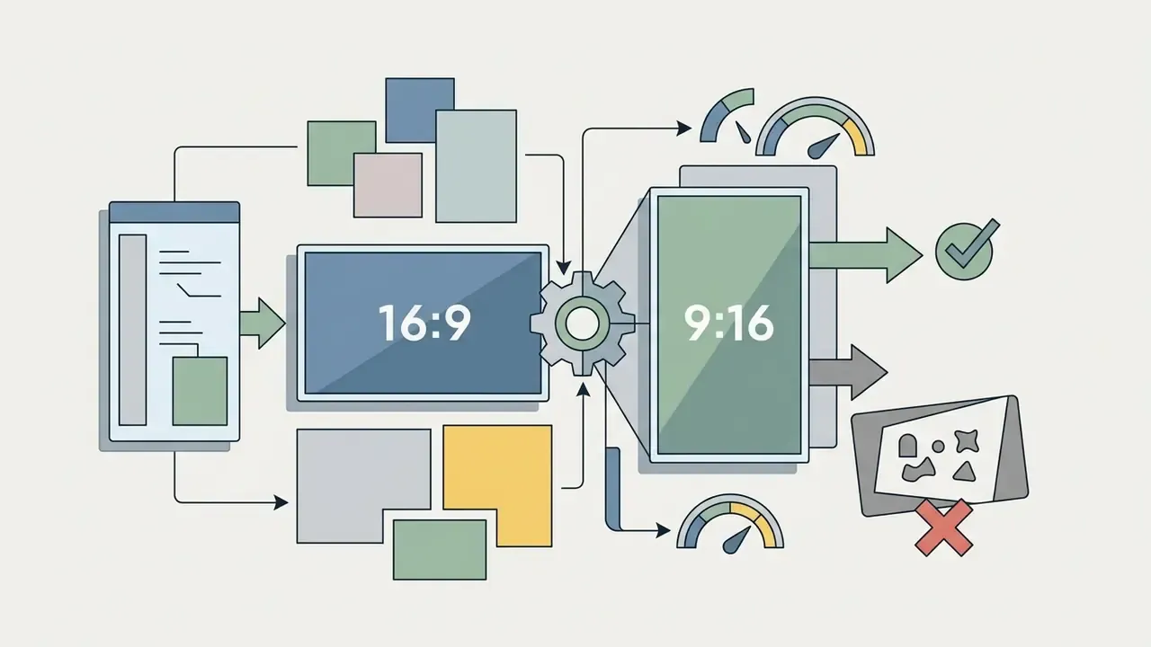 Horizontal 16:9 frame converting into a vertical 9:16 format through a gear mechanism with gauges