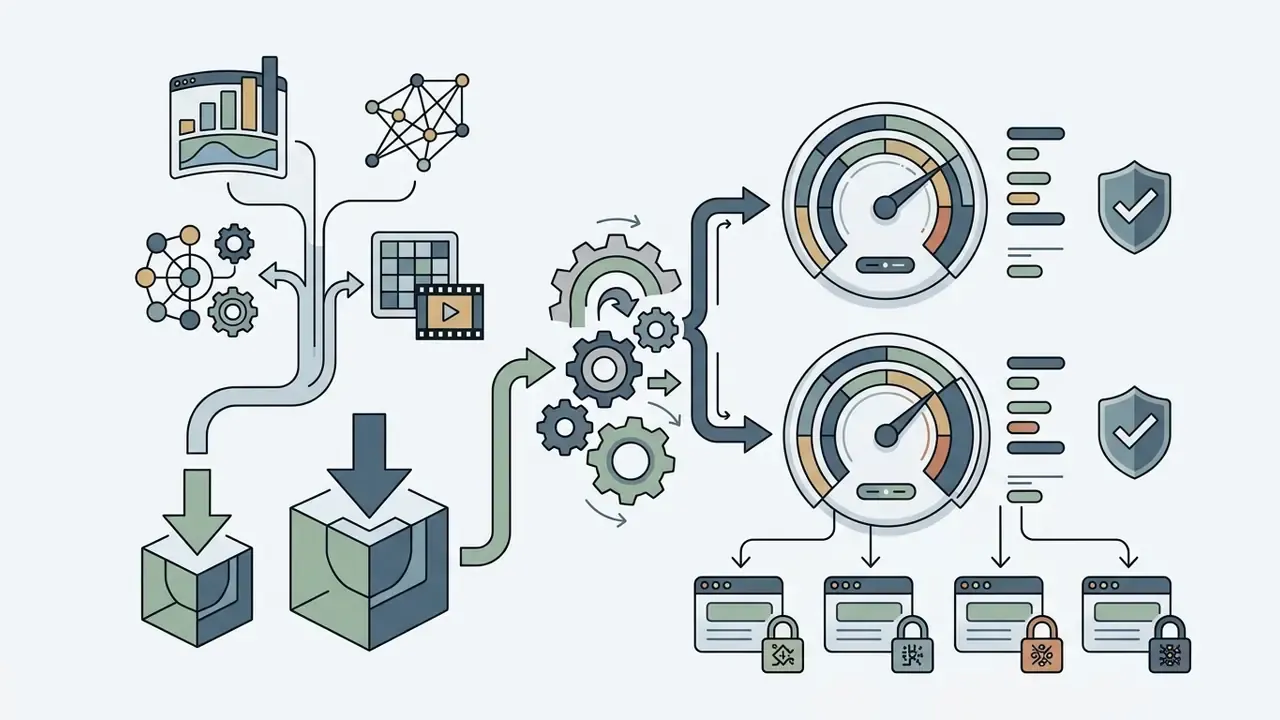 Network nodes and data streams feeding into a gear system that powers performance gauges and locked files
