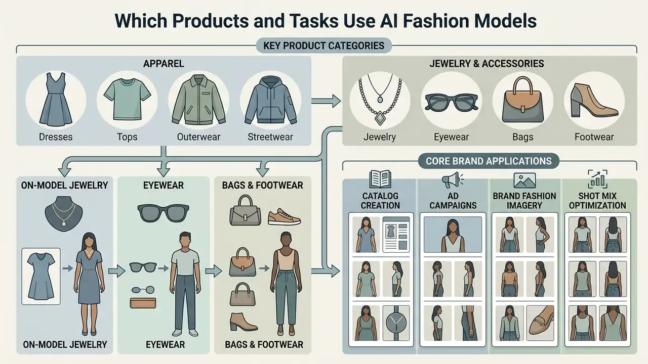 Infographic showing apparel and accessory categories mapped to AI fashion model applications