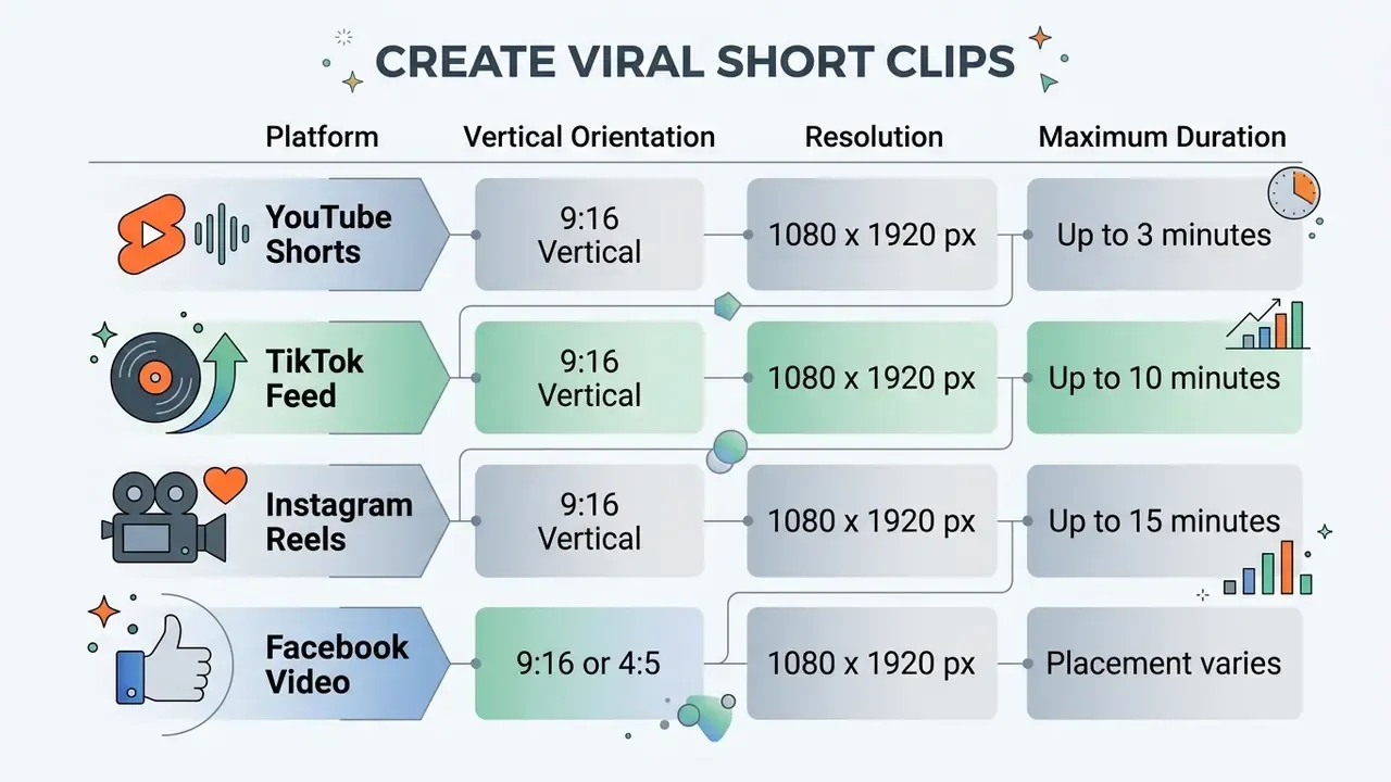 Table detailing aspect ratios, resolutions, and duration limits for social media video platforms