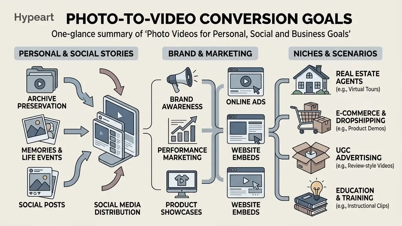 Flowchart showing how media assets are converted for personal stories, brand marketing, and business niches