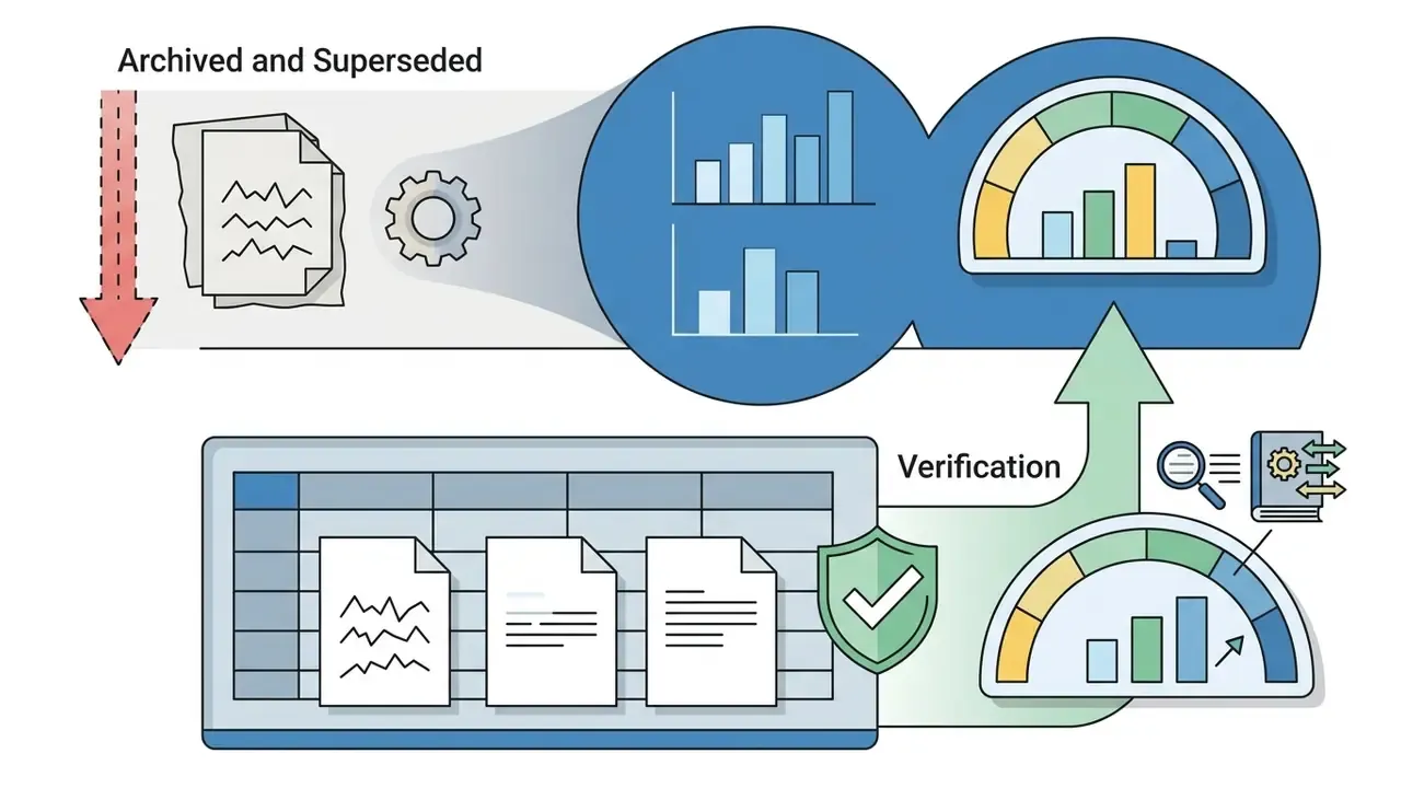 Archived data documents moving through a processing gear into verified tables and performance gauges