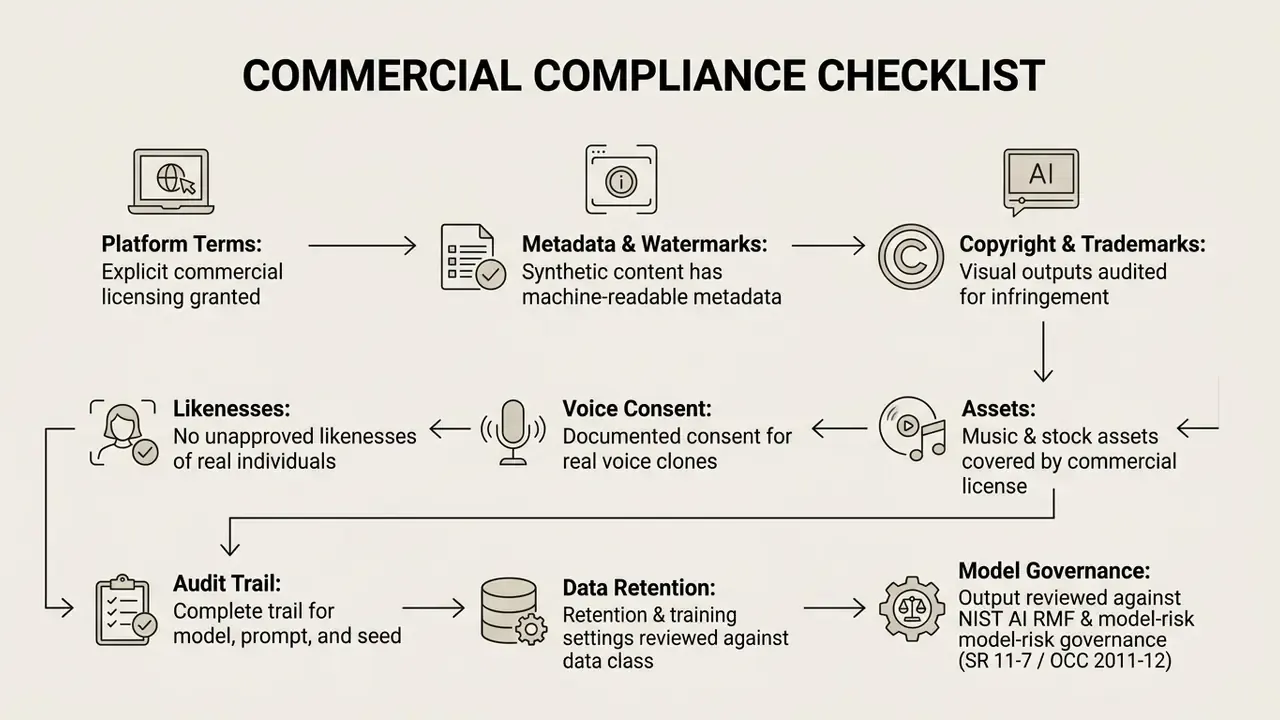 Process flow outlining essential legal and ethical requirements for commercial AI video production