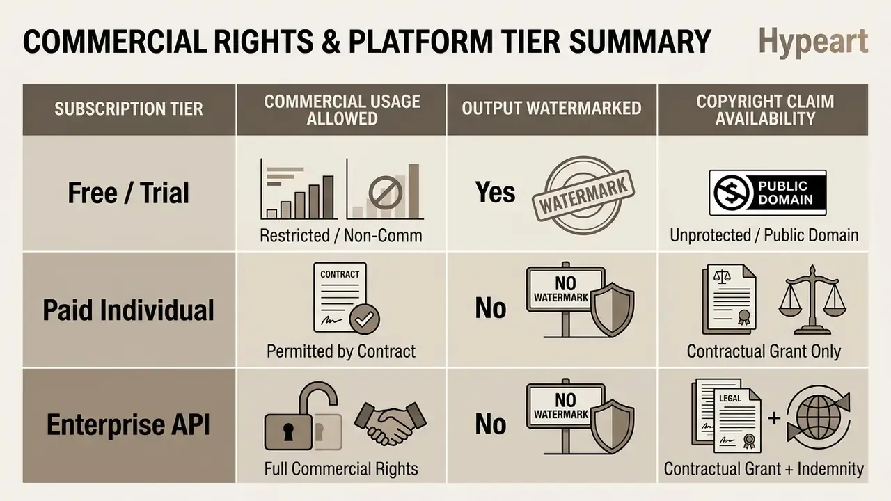 Summary table comparing commercial usage rights, watermarking, and copyright status across subscription tiers