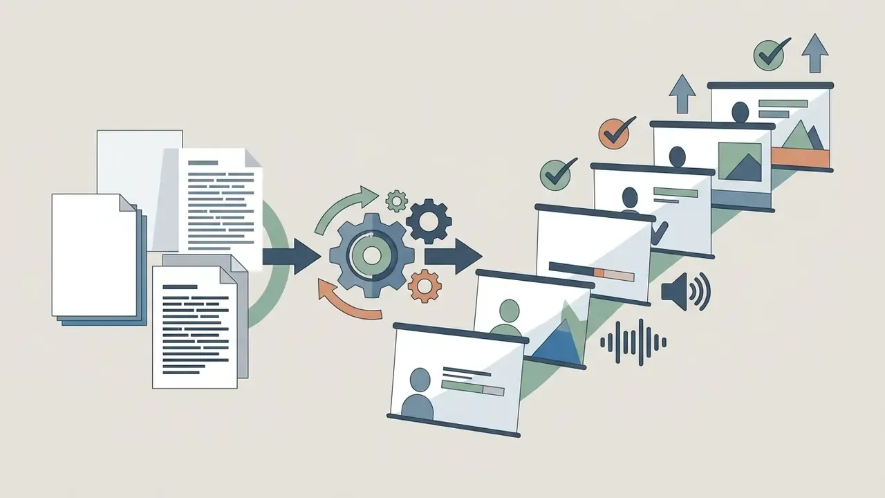 Documents moving through a gear mechanism to become a sequence of slides with audio and visual elements