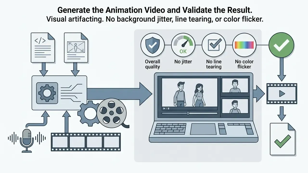 Laptop displaying animation quality checks for jitter, line tearing, and color flicker in a video project
