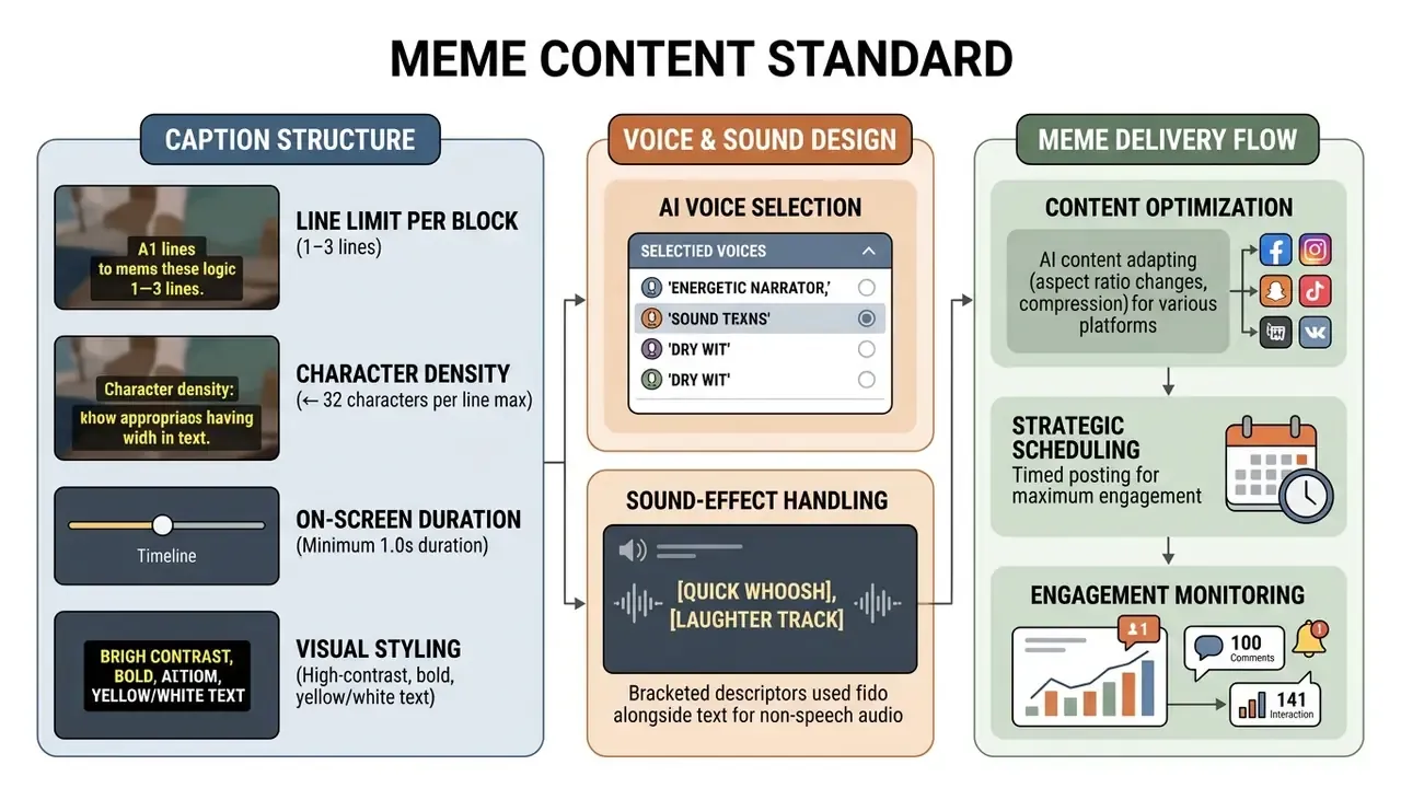Flowchart detailing standards for meme captioning, audio design, and multi-platform distribution strategy