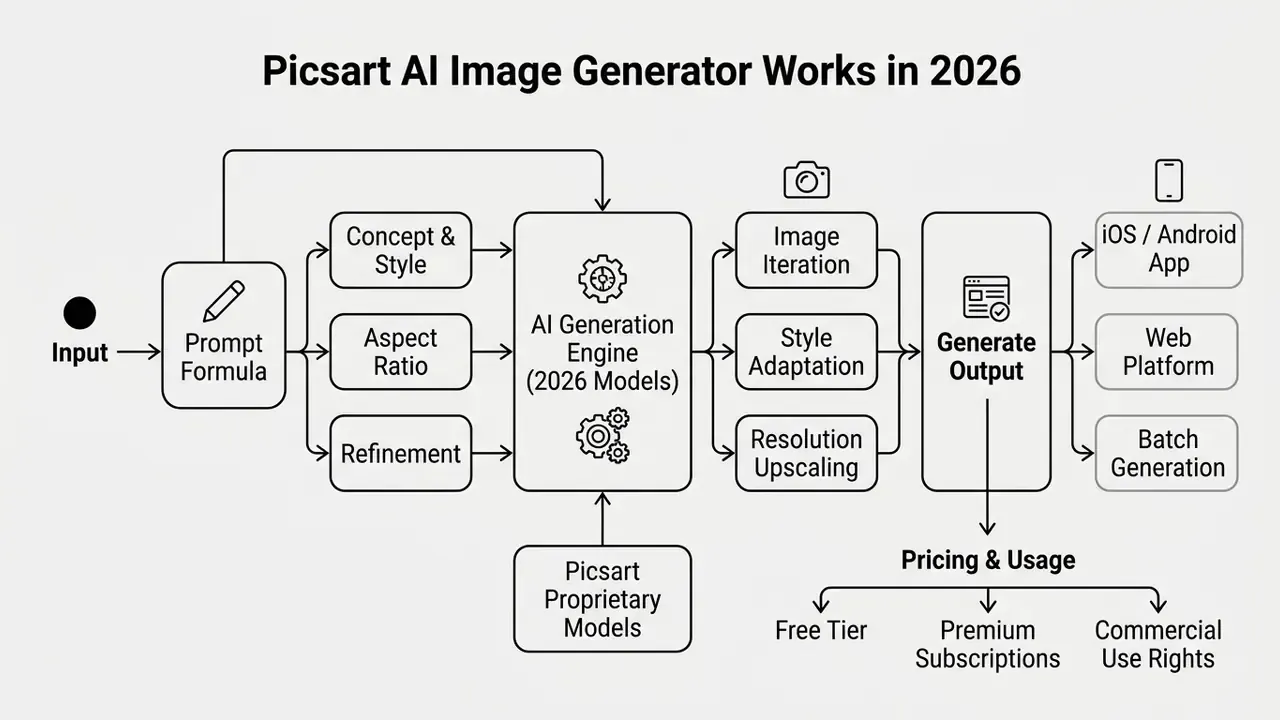 Flow chart showing the Picsart AI image generator process from text prompt to final output and usage