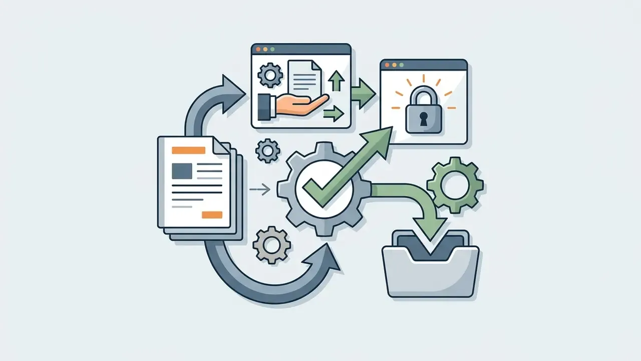 Document icons moving through gears toward a padlock and folder to represent permission and data handling