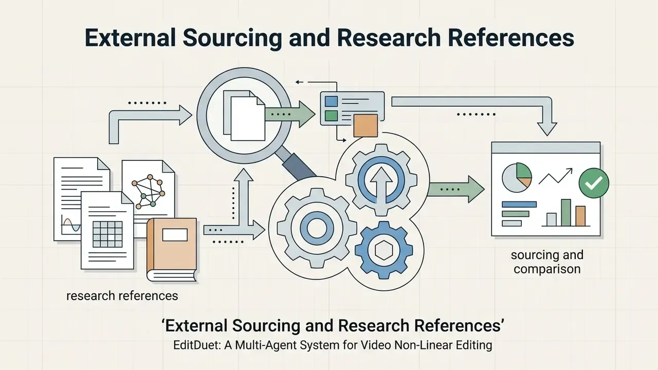Research papers and data documents moving through a magnifying glass and gears toward a data analysis dashboard