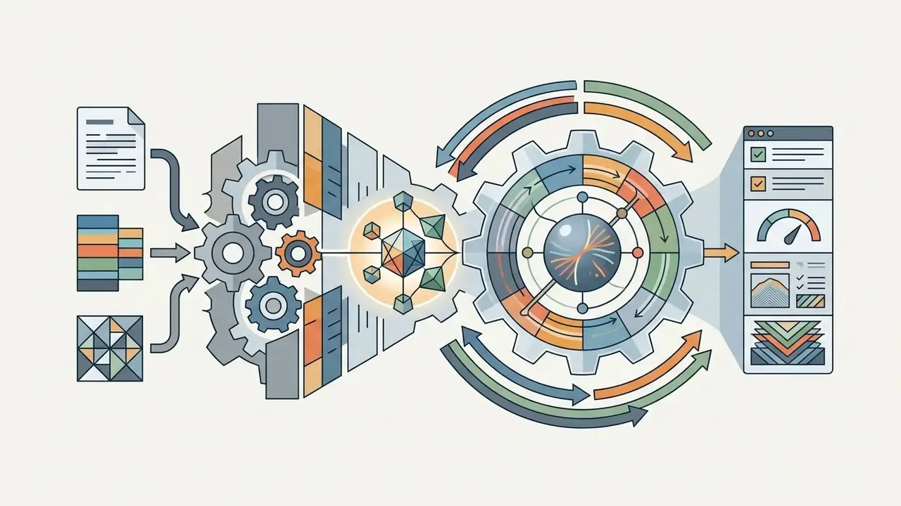 Data streams flowing through gears and a central processing node into a dashboard with performance metrics