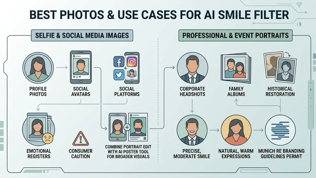 Comparison infographic showing applications of an AI smile filter for social media and professional portraits