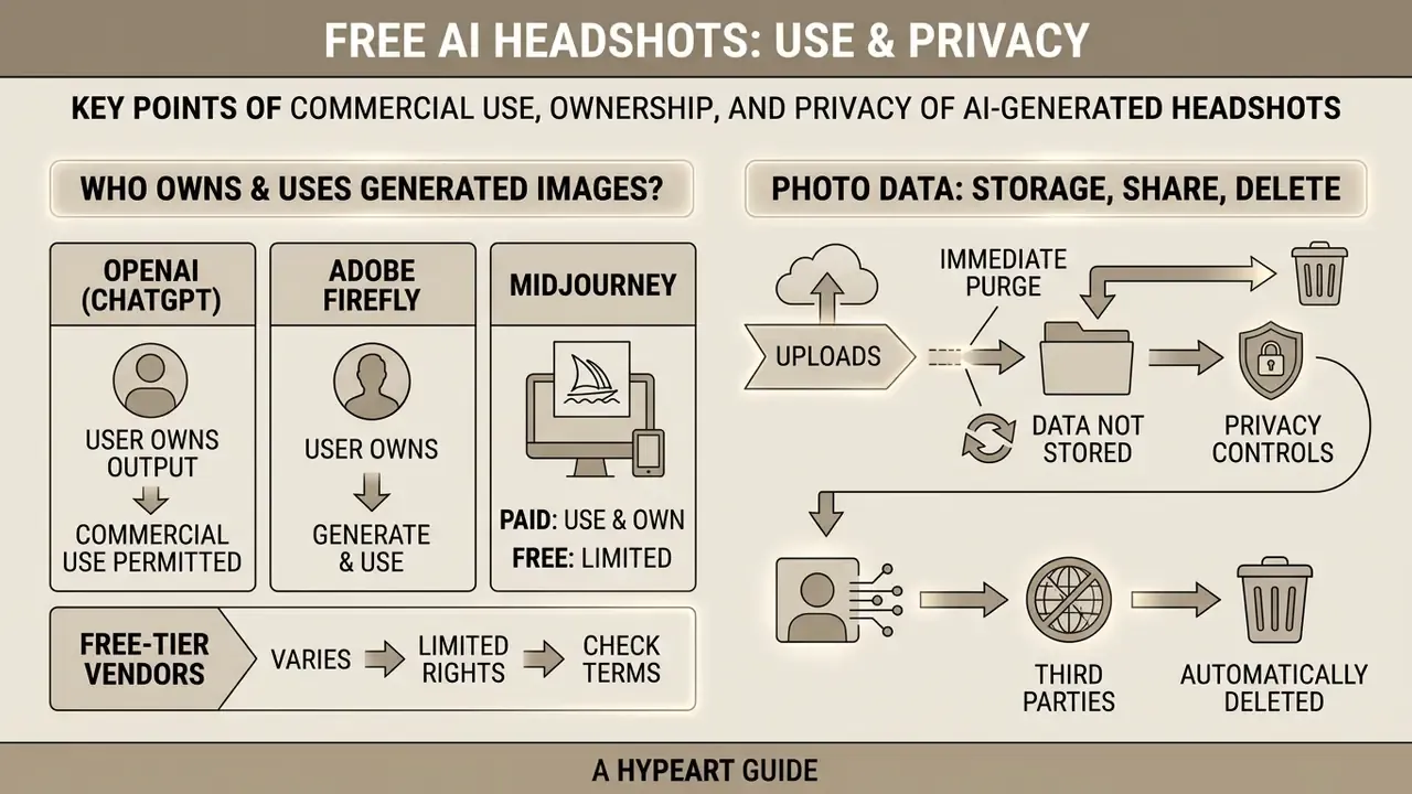 Comparison chart detailing ownership rights for major AI tools alongside a data storage workflow diagram
