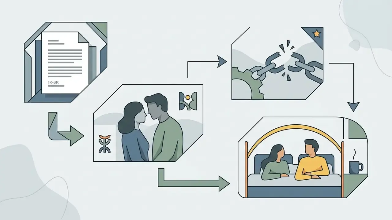 Sequence of panels showing a document icon leading to character interactions and a cozy bedroom scene