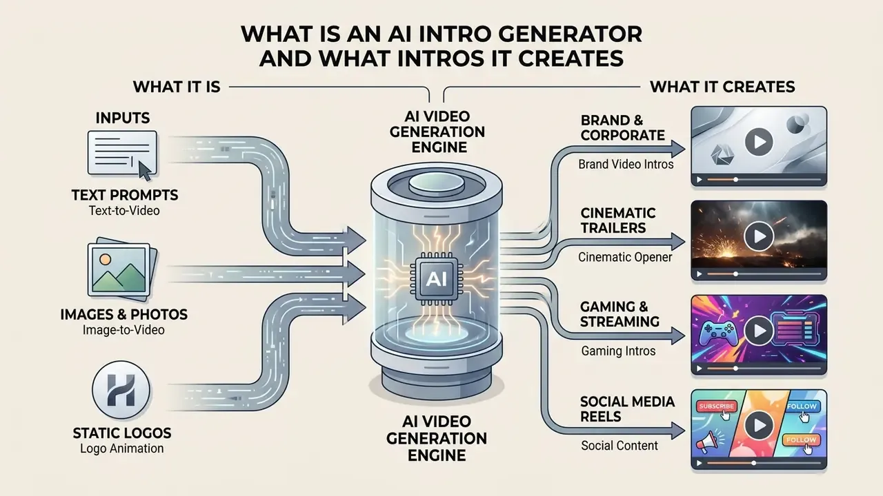Diagram showing how an AI intro generator processes text, images, and logos into animated video styles