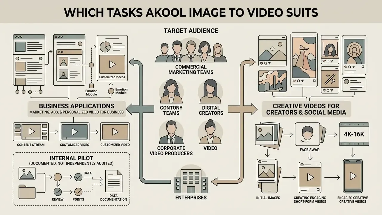 Diagram mapping Akool image to video use cases for business applications and creative social media content