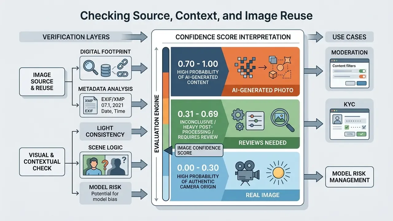 Diagram mapping verification layers and confidence scores to specific image categories and use cases