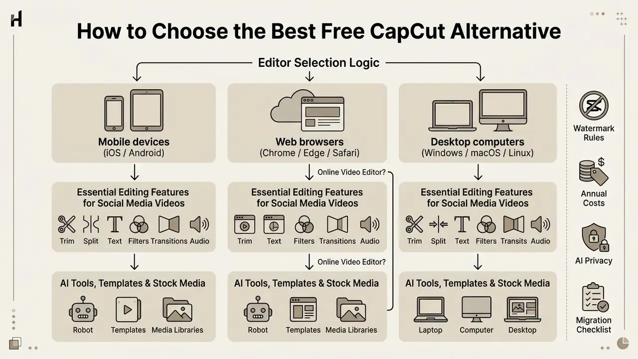 Decision tree diagram comparing video editing features across mobile, web, and desktop platforms