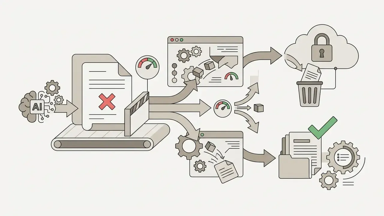 Document with a red cross moving along a conveyor belt toward deletion and secure archival processes