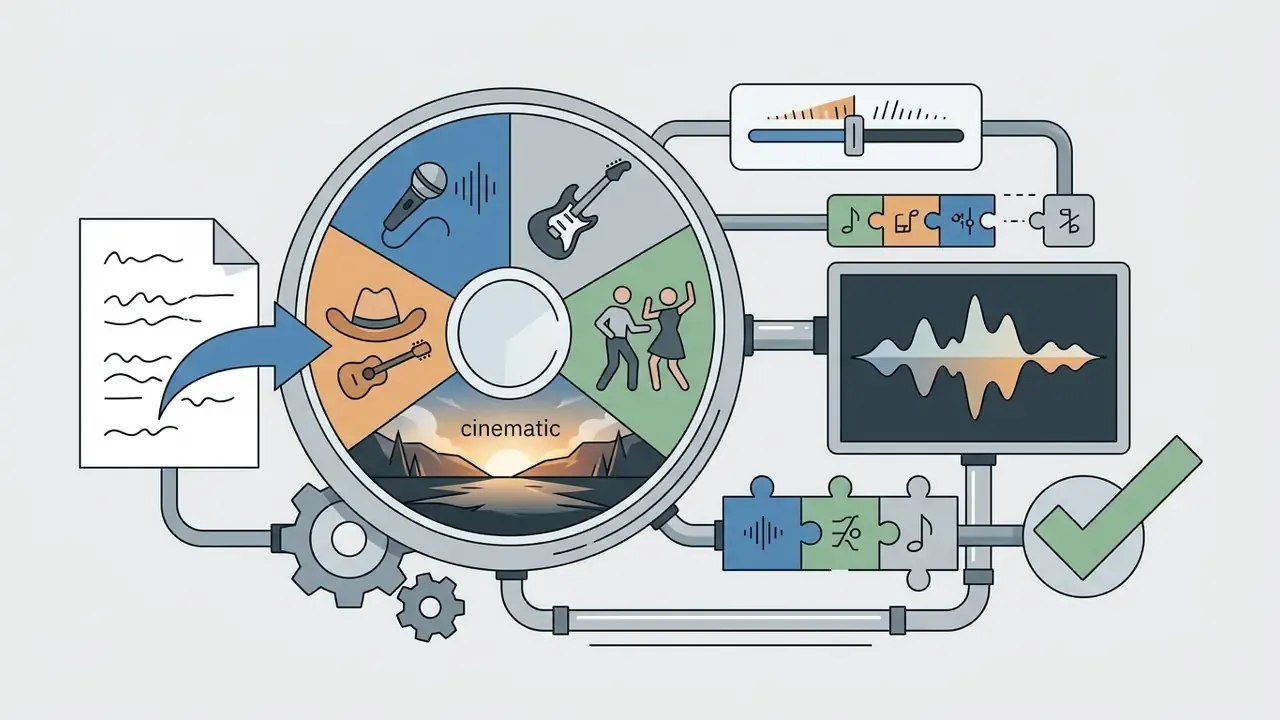 Circular menu of music genres feeding into an AI song generator from lyrics to produce audio waveforms