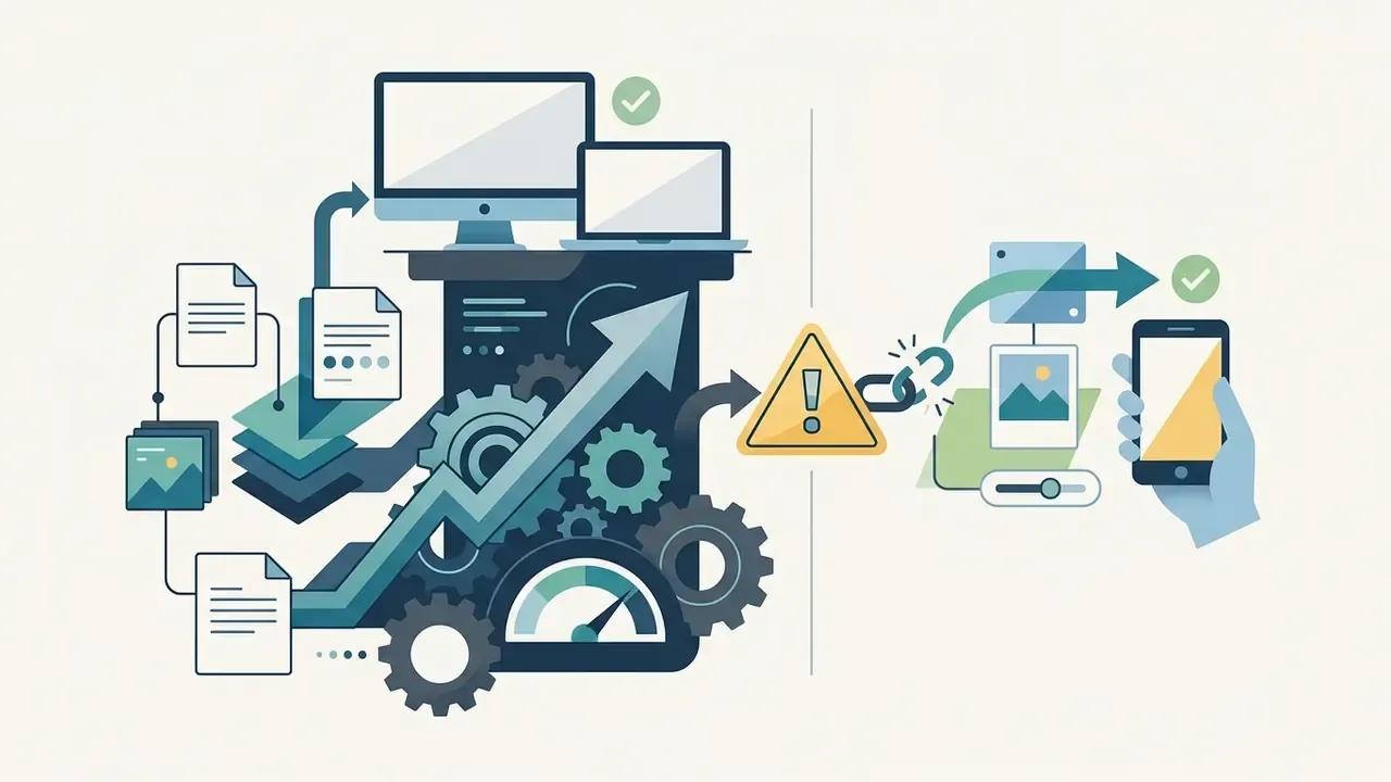 Desktop computer processing files and gears transitioning to a mobile device with a broken link warning