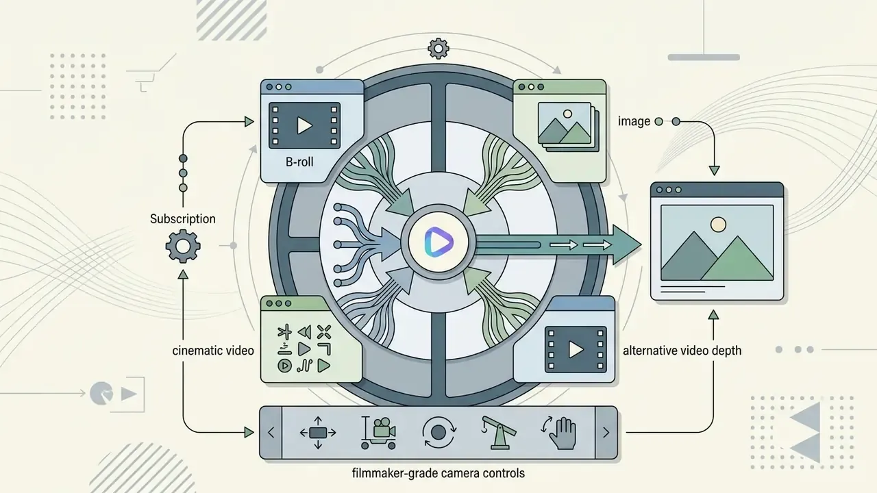 Circular diagram showing third-party AI models feeding into a central hub to produce cinematic video output