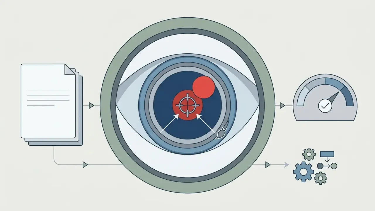 Magnifying glass focusing on a red pupil while processing document data into a status gauge and gears