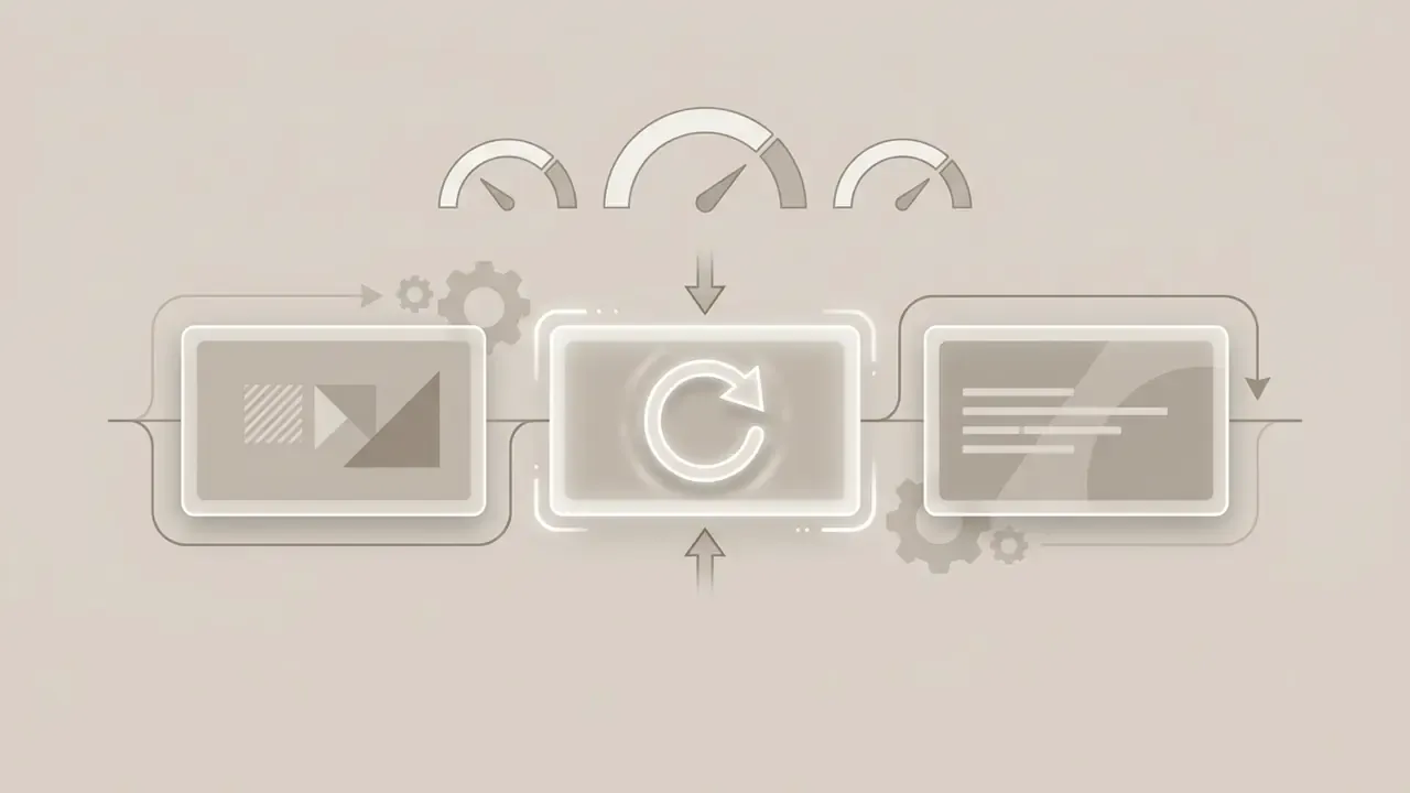 Central refresh icon connecting video scene panels and performance gauges in a modular workflow
