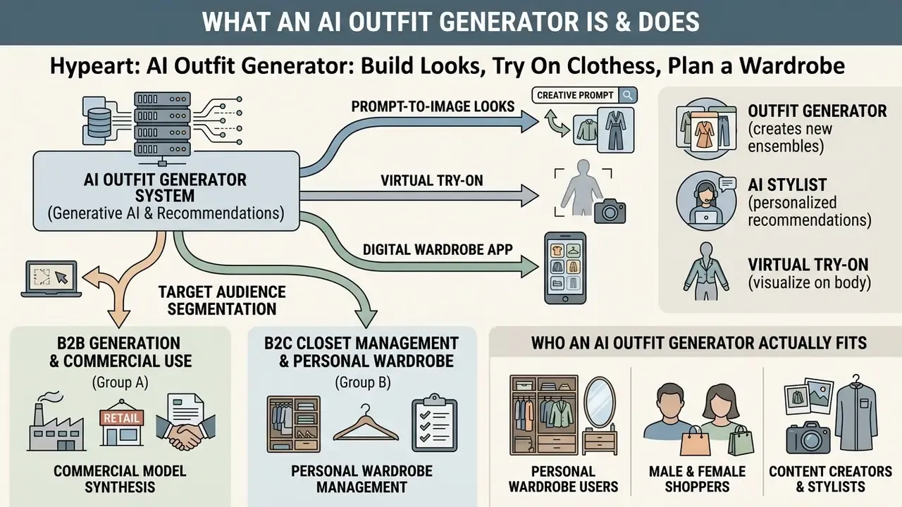 Diagram showing how an AI outfit generator processes data for commercial use and personal wardrobe apps