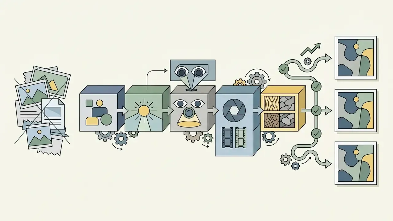 Sequential blocks representing the process of turning prompt keywords into AI generated images
