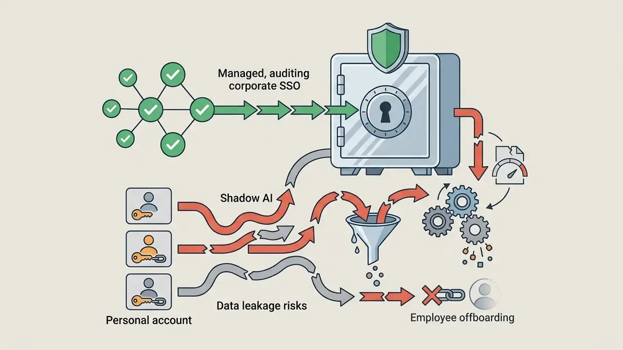 System paths showing secure corporate SSO versus risky personal account data leakage through shadow tools