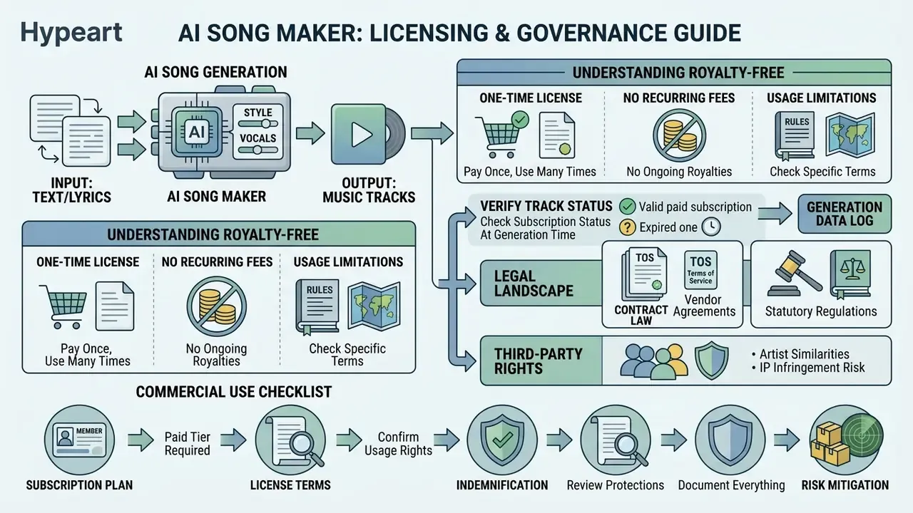 Infographic outlining legal considerations, royalty-free definitions, and commercial use checklists for music