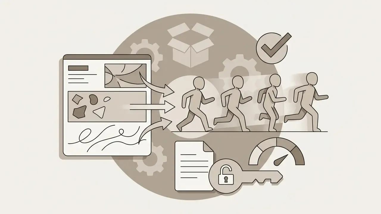 Technical graphic showing data inputs transforming into a sequence of running character silhouettes