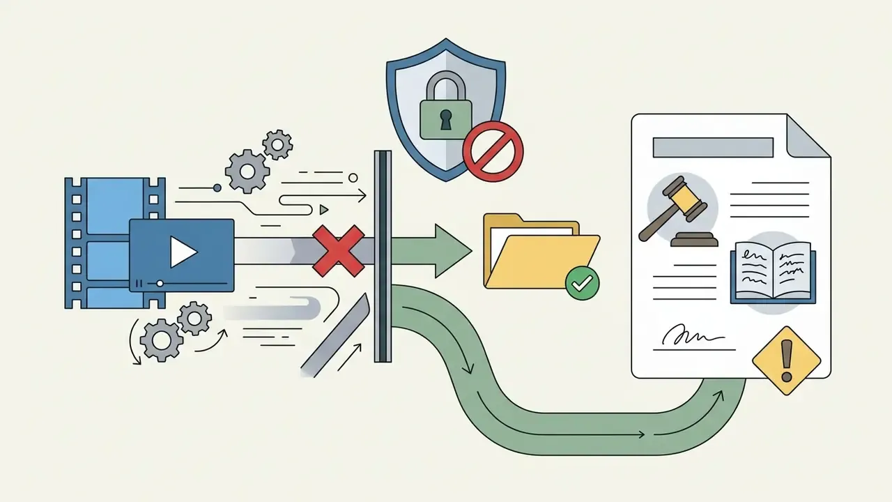 Video player blocked by a red cross and shield icon redirecting to legal compliance documents