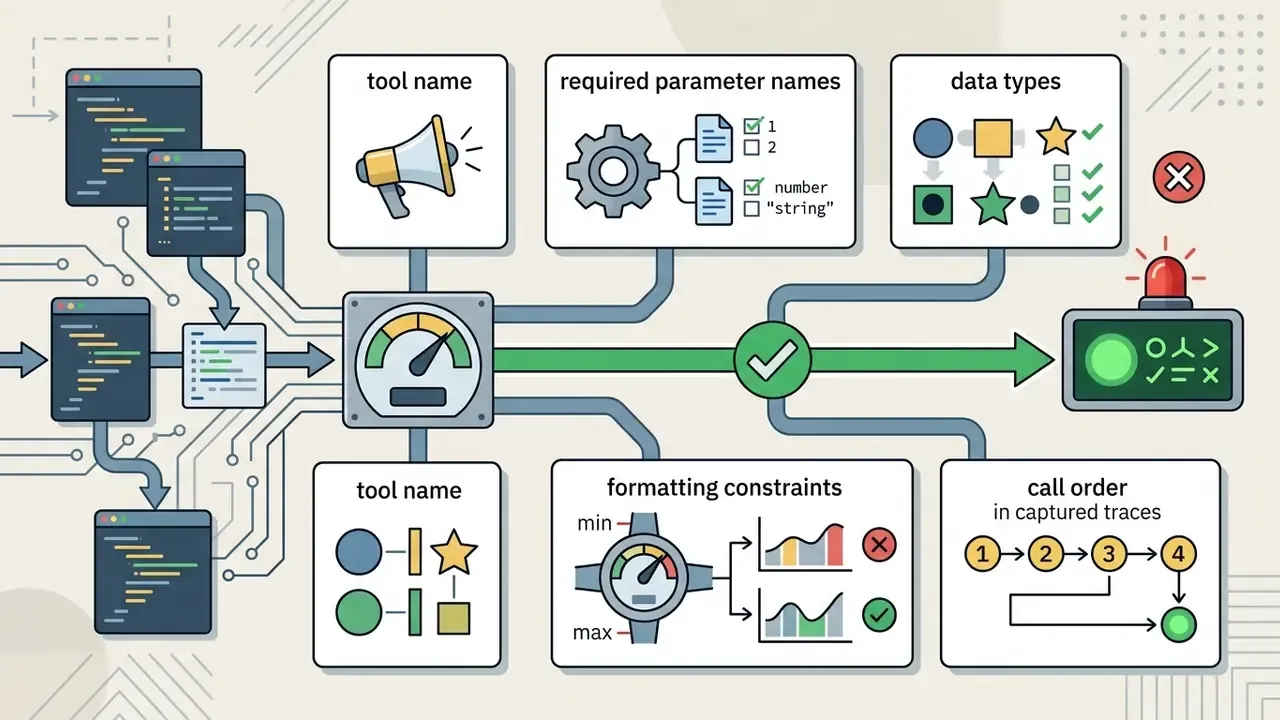 System of nodes validating tool names, parameters, data types, formatting constraints, and call order