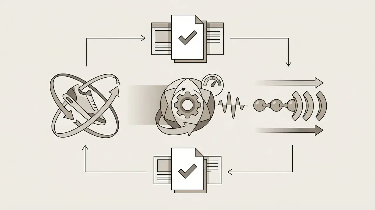 Orbiting product shot feeding into a central gear mechanism that outputs an audio-synced motion sequence