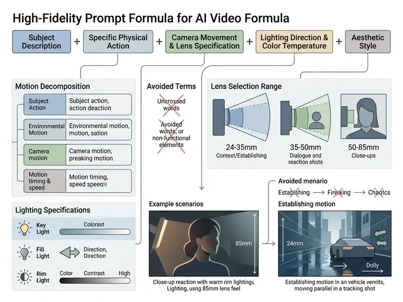 Structured guide detailing prompt components, lens selection ranges, and lighting specifications for AI video