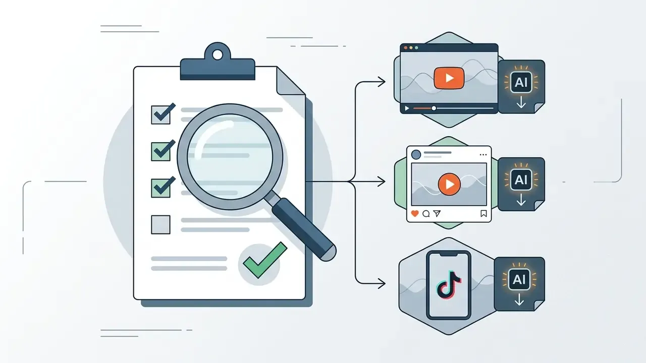 Checklist with magnifying glass pointing to social media platforms requiring AI content disclosure labels