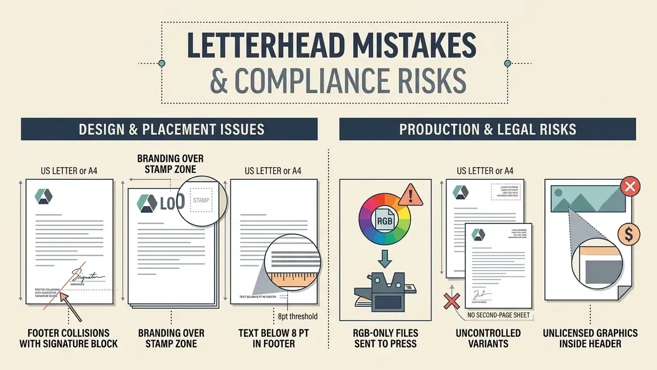 Diagram highlighting common design, production, and legal errors found in professional stationery