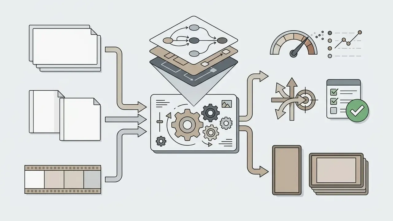 Media files feeding into a central gear-driven processing hub with output to performance and task icons