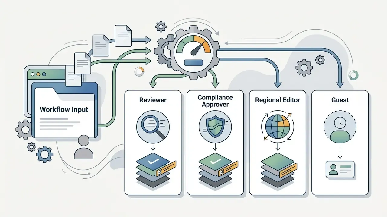Central gear mechanism distributing workflow inputs to reviewers, compliance approvers, editors, and guests