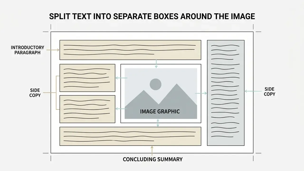 Layout showing text boxes arranged around a central image graphic to simulate text wrapping in Google Slides