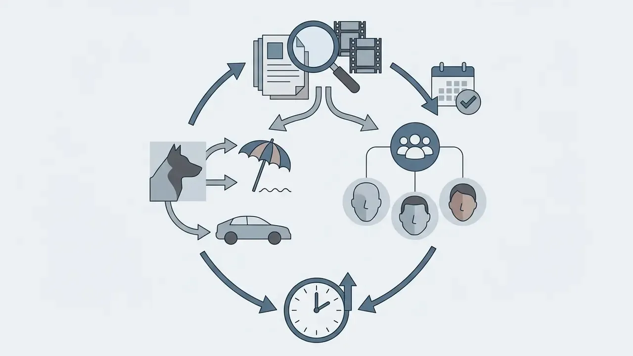 Circular process showing search icons for subjects like dogs and cars alongside face recognition groups