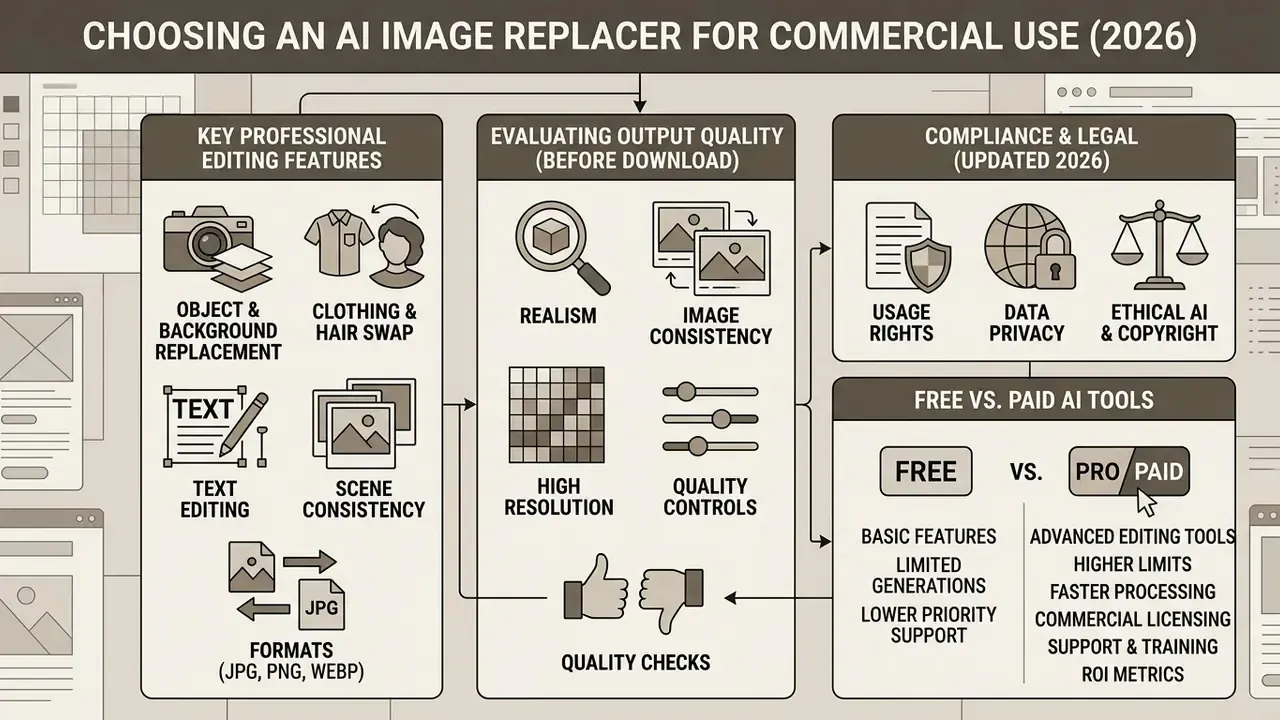 Infographic outlining professional editing features, quality evaluation, legal compliance, and tool pricing