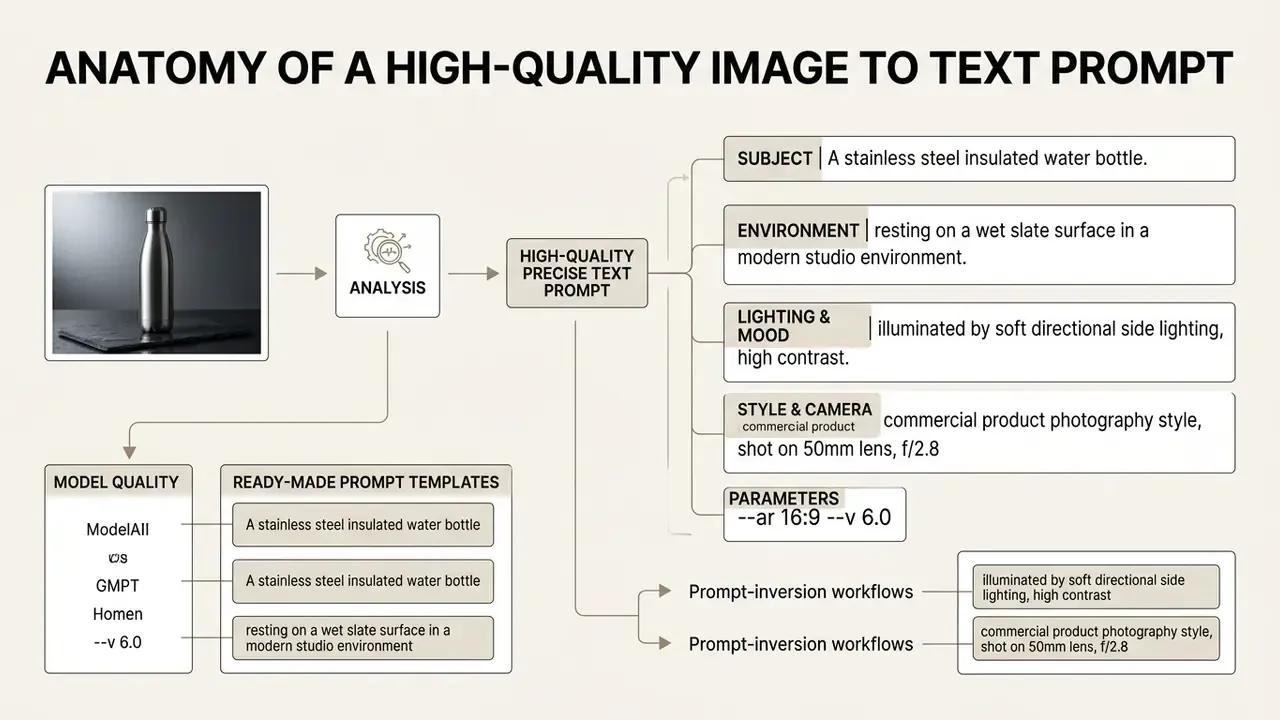 Detailed diagram breaking down a product photograph into structured text components for generative models