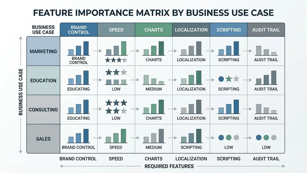 Matrix comparing feature importance across marketing, education, consulting, and sales use cases