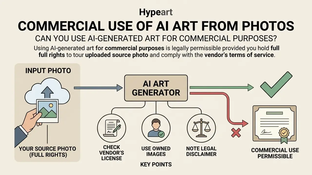 Infographic summarizing legal requirements for using AI art from photos for commercial purposes